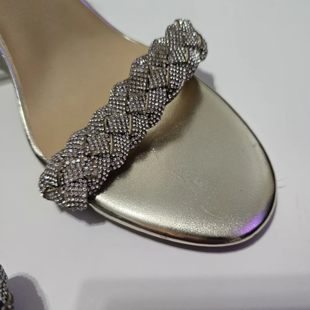 Rhinestone gold braided strappy block heel party shoes size 9